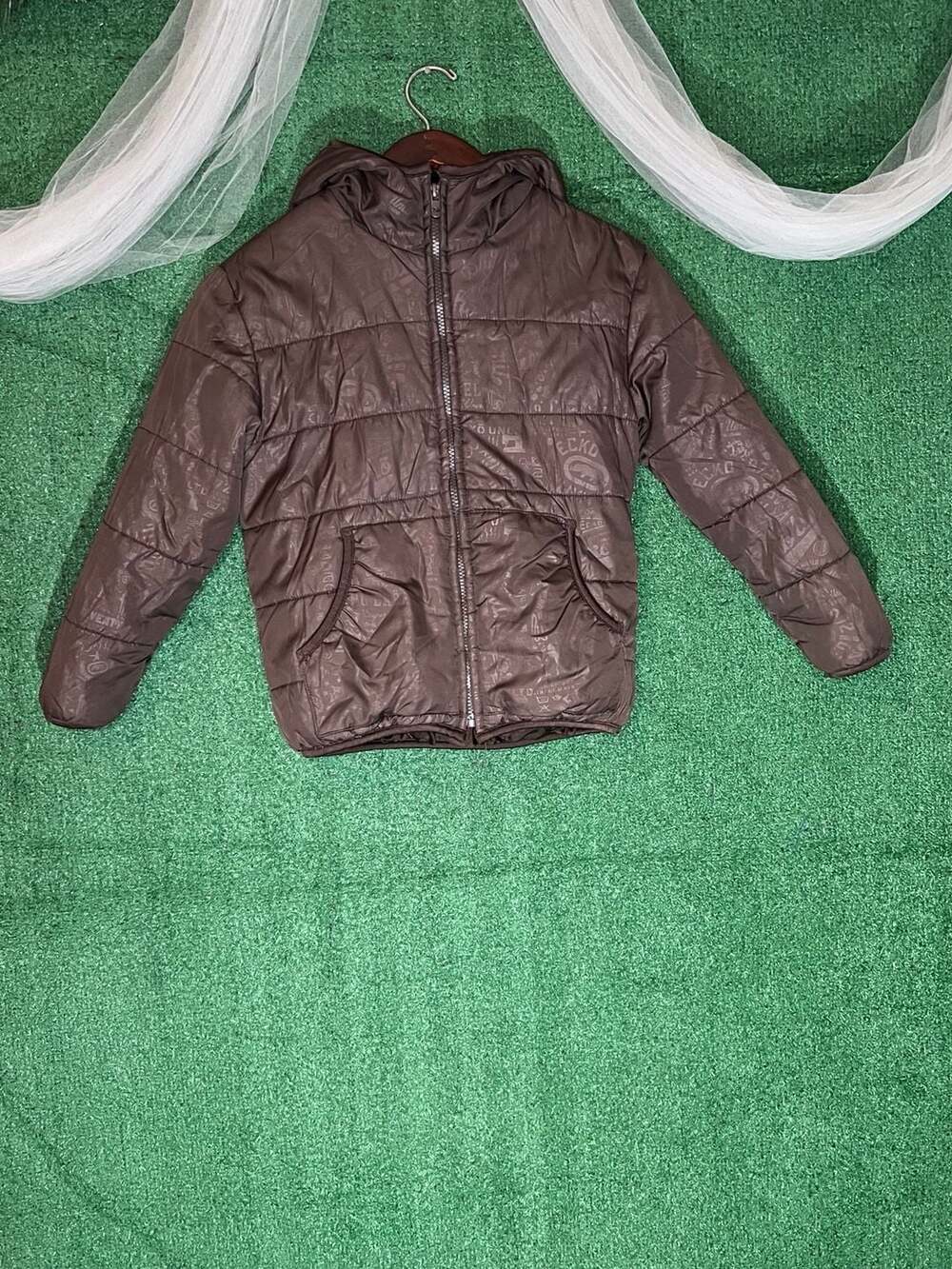 Ecko Unltd Monogram All-Over Print Puffer Hooded Jacket Brown